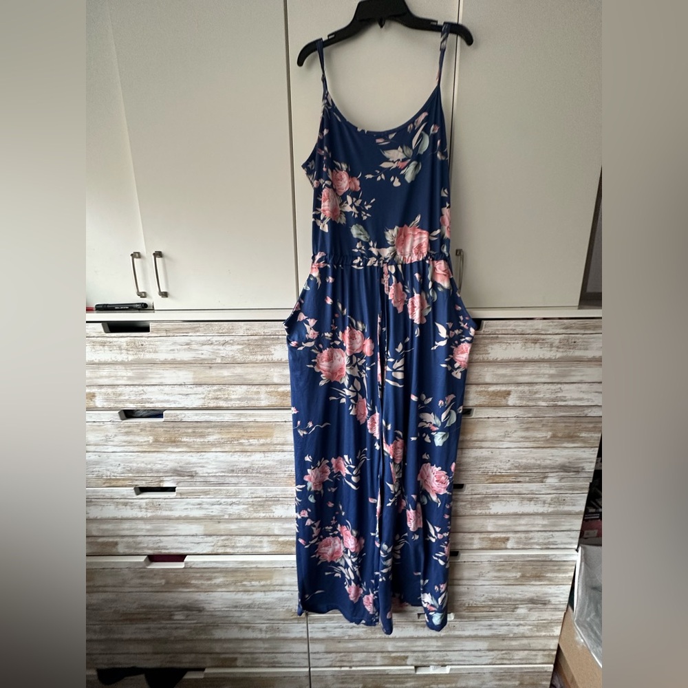 🌸 Floral Navy Pink Wide Leg Jumpsuit Romper Size XL Pockets